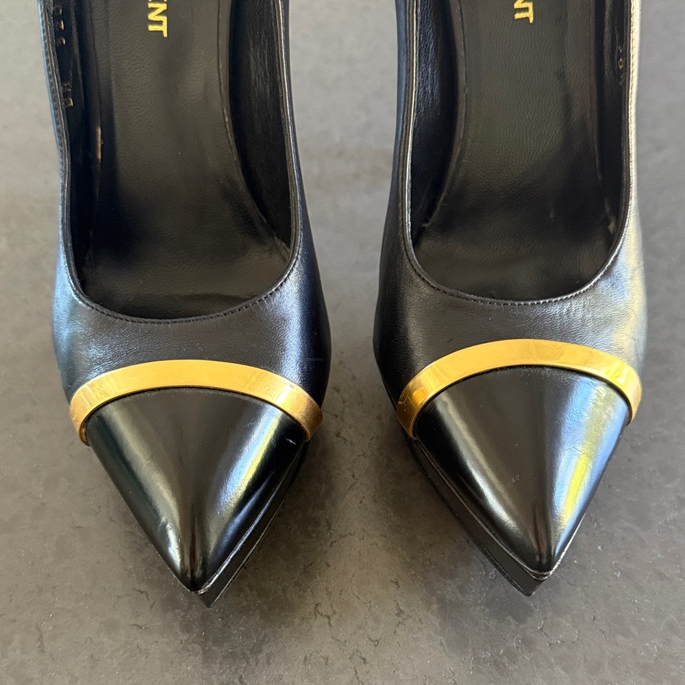 💯 AUTHENTIC Saint Laurent Black Platform Heels with Gold Trim Black Size 38.5 - Picture 3 of 12